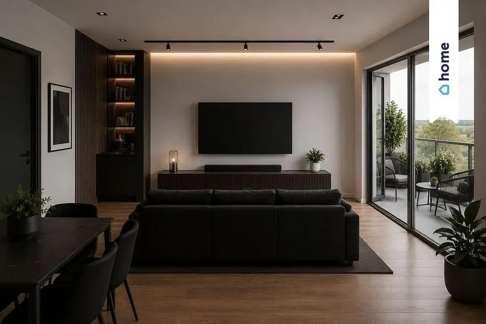Oturma odası; manzara, ahşap zemin, doğal ışık, modern stil