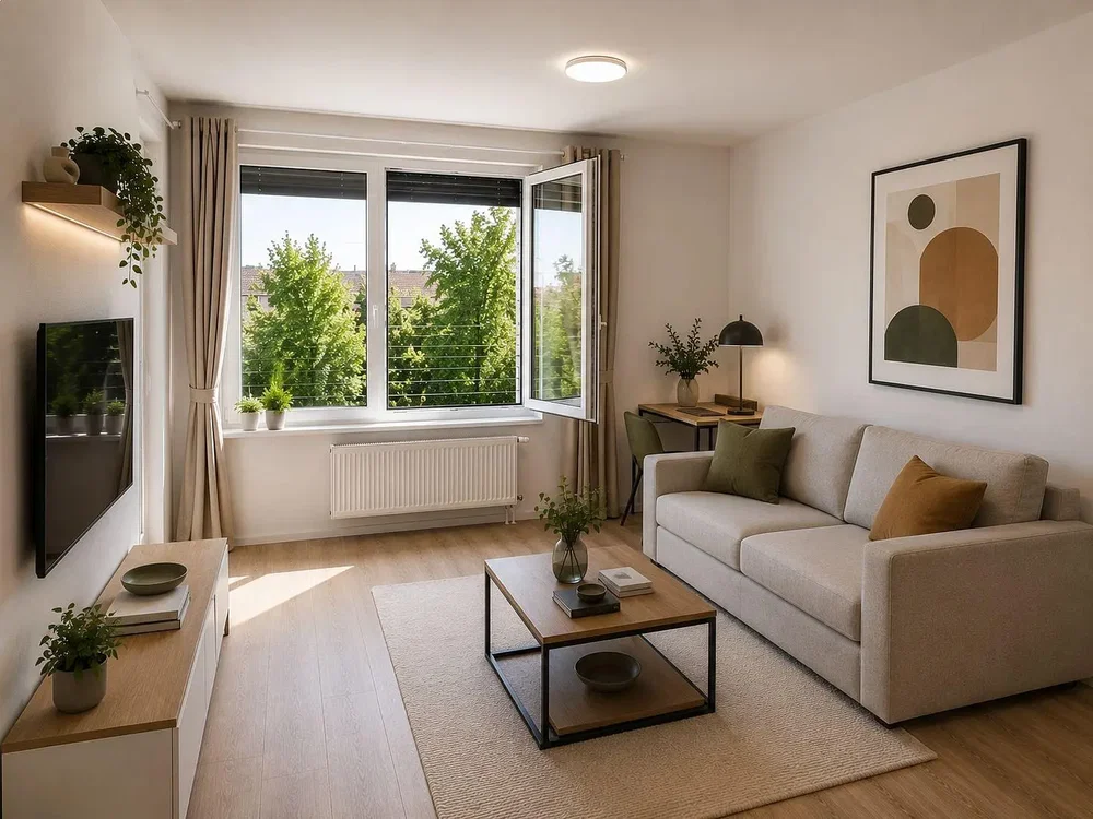 Living room; wood floor, natural light, modern style