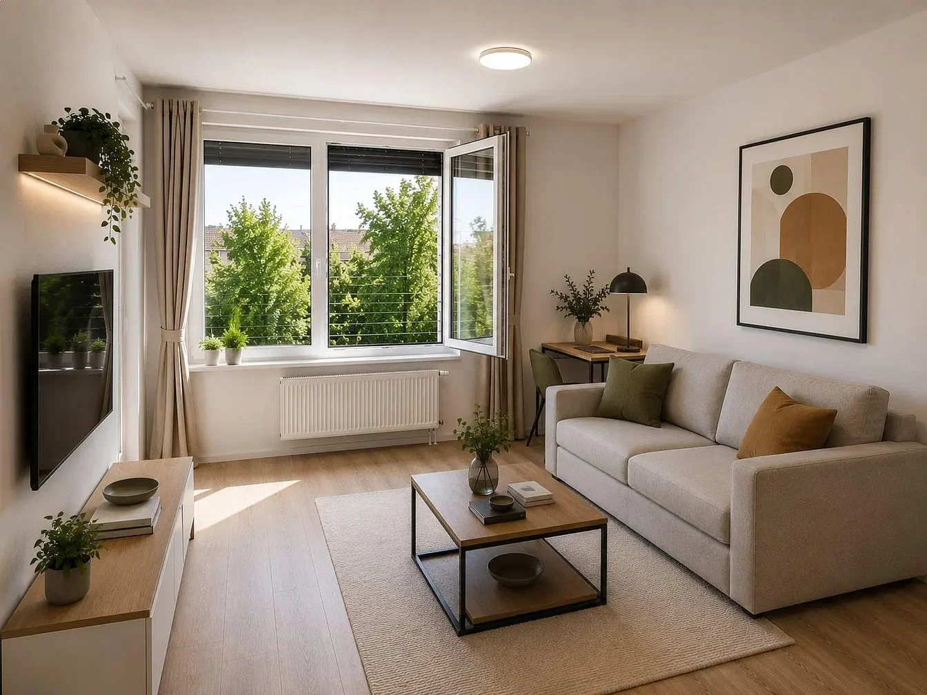 Living room; wood floor, natural light, modern style
