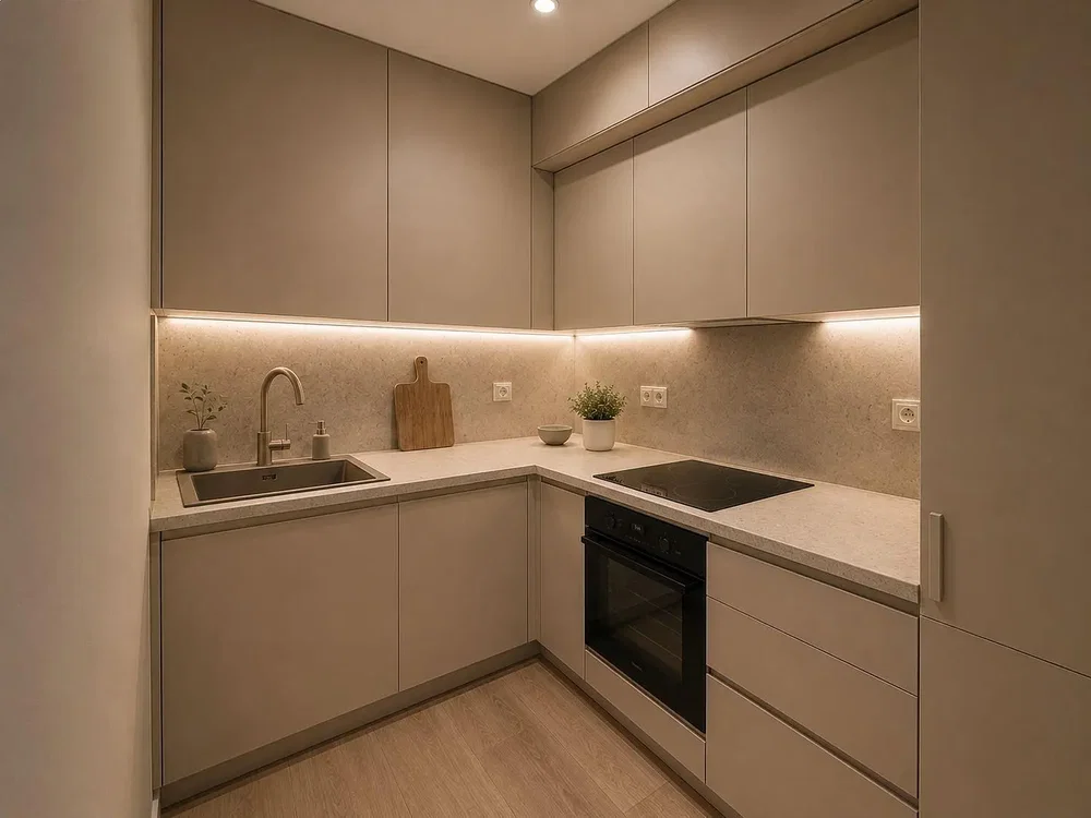 Kitchen; kitchen appliances, wood floor, renovated, natural light