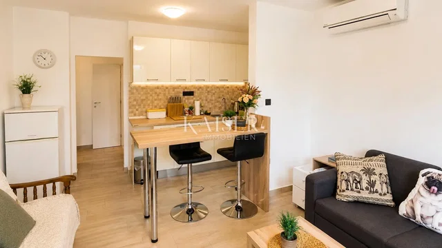 Obývací pokoj; kuchyňské spotřebiče, dřevěná podlaha, přirozené světlo, moderní styl