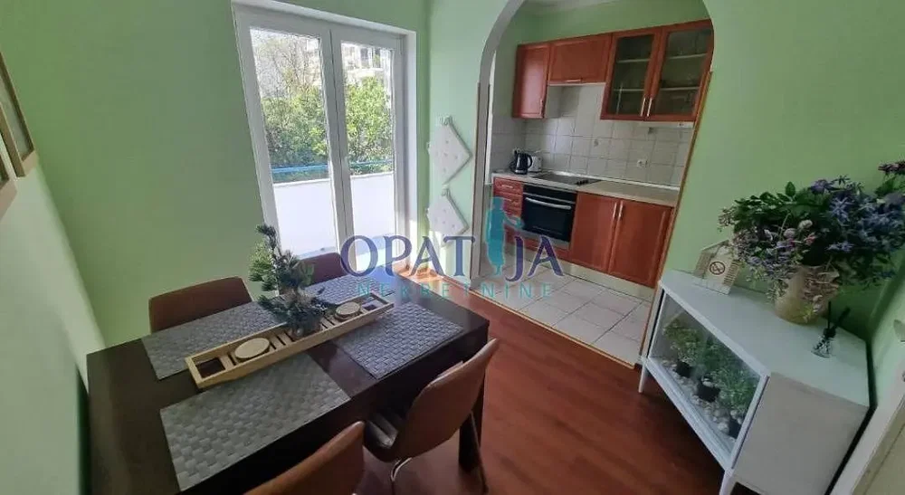 Jídelna; přirozené světlo, dřevěná podlaha, kuchyňské spotřebiče