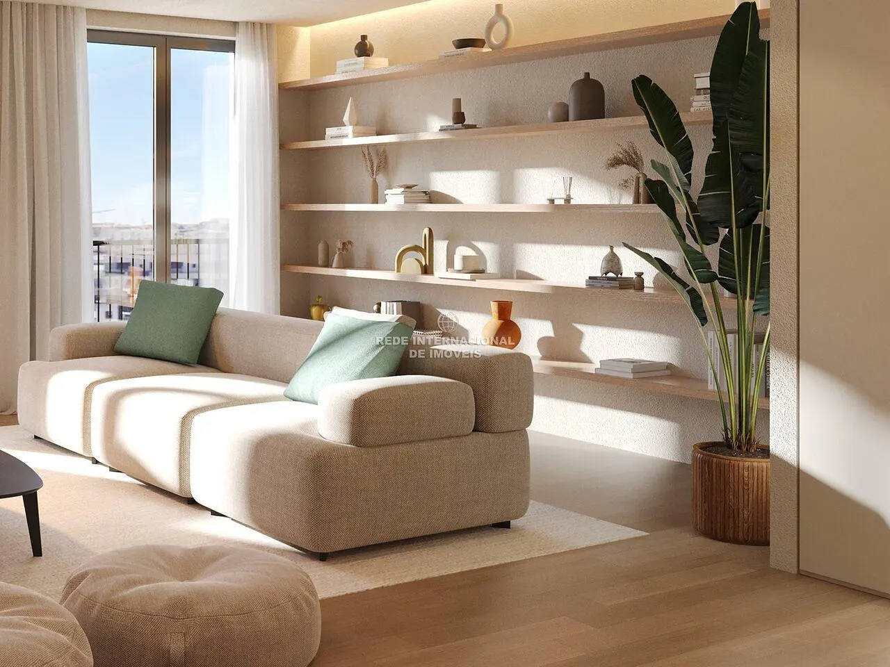 Living room; view, wood floor, natural light, modern style