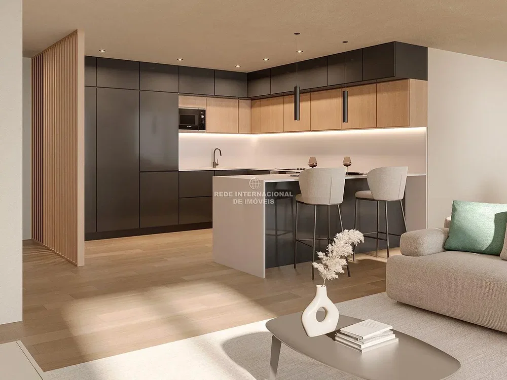 Living room; kitchen appliances, natural light, modern style, wood floor