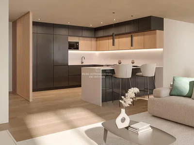 Living room; kitchen appliances, natural light, modern style, wood floor