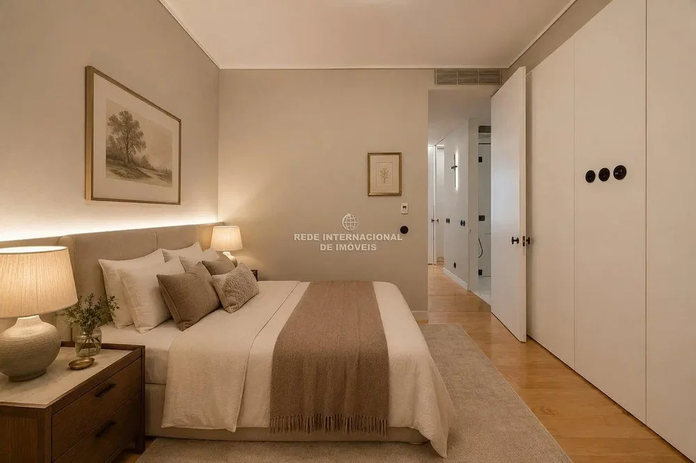 Quarto; chão de madeira, luz natural, estilo moderno