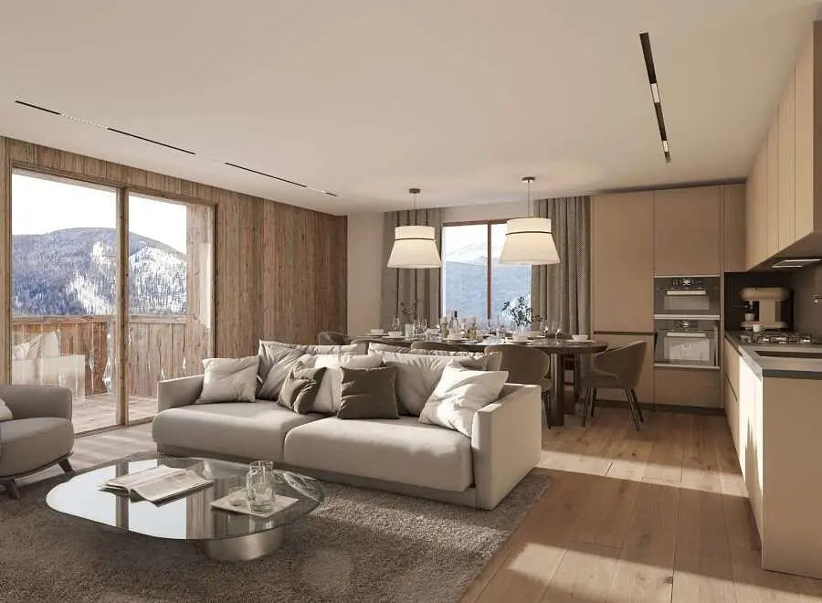 Soggiorno; vista, elettrodomestici, luce naturale, stile moderno, pavimento in legno