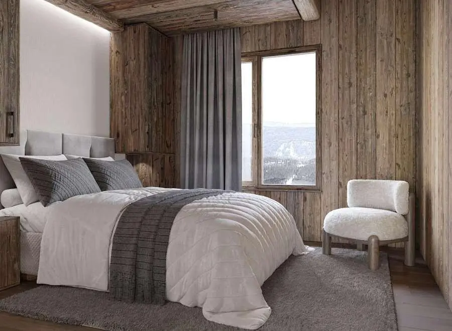 Camera da letto; travi in legno, pavimento in legno, stile rustico, luce naturale, vista