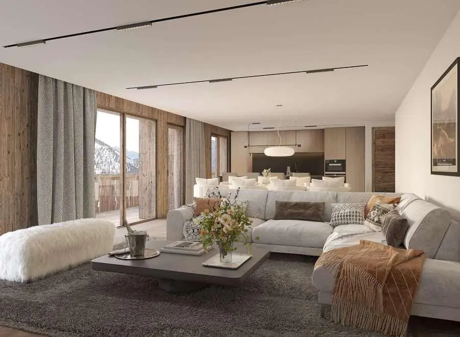 Soggiorno; luce naturale, travi in legno, stile moderno