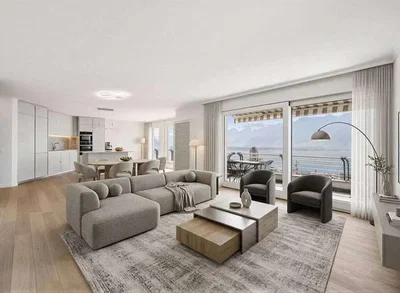 Sala de estar; vista, chão de madeira, luz natural, estilo moderno