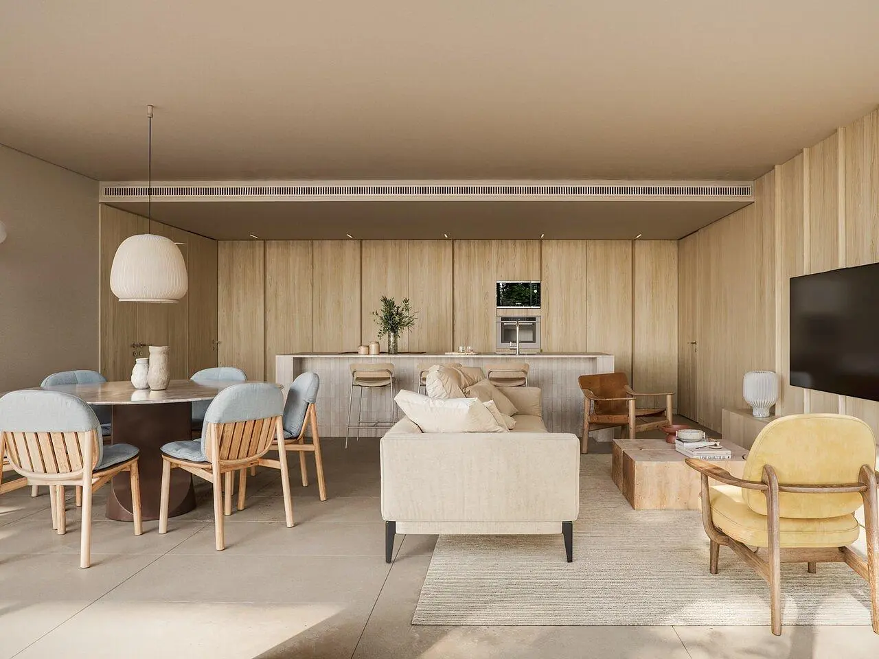 Salon; lumière naturelle, carrelage, style moderne, électroménager