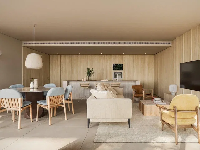 Salon; carrelage, lumière naturelle, style moderne, électroménager