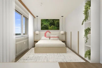 Ložnice; přirozené světlo, dřevěná podlaha, moderní styl