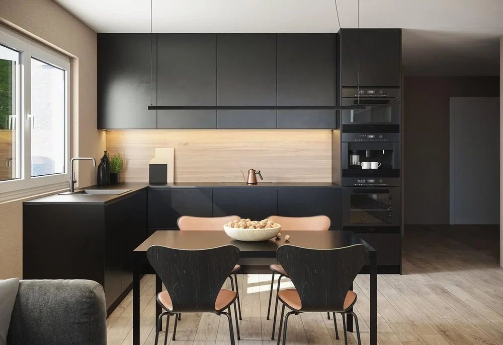 Kitchen; kitchen appliances, wood floor, natural light, modern style, renovated