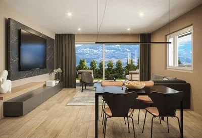 Living room; view, wood floor, natural light, modern style