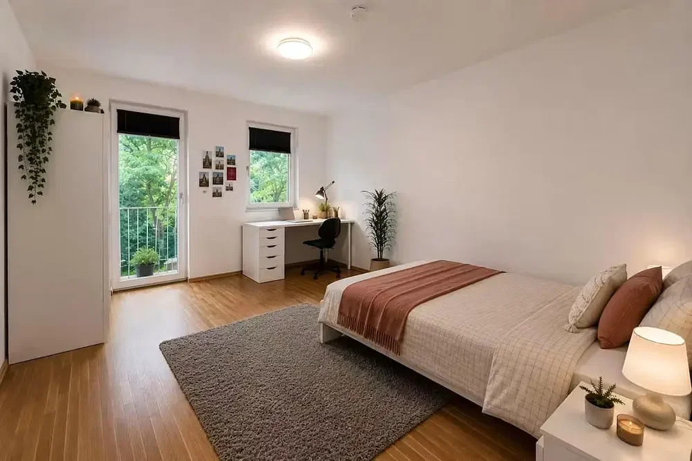 Slaapkamer; houten vloer, natuurlijk licht