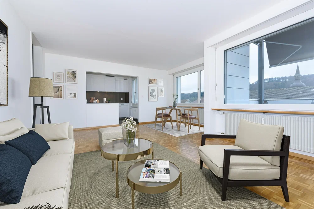 Living room; view, natural light, modern style, wood floor