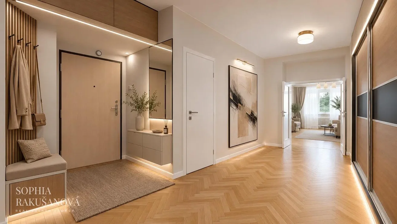 Cloakroom; wood floor, natural light, modern style, renovated