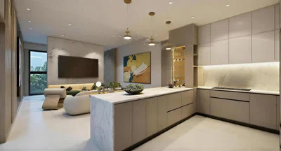 Living room; kitchen appliances, natural light, modern style, wood floor