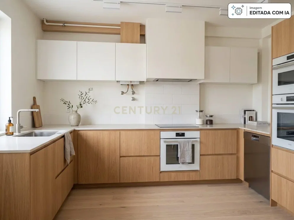 Cuisine; électroménager, parquet, lumière naturelle, style moderne