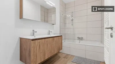 Bagno; pavimento in piastrelle, pavimento in legno, ristrutturato, luce naturale