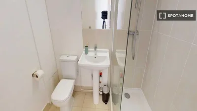 Toilet; tile floor, natural light
