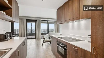 Cucina; elettrodomestici, vista, pavimento in legno, luce naturale, stile moderno