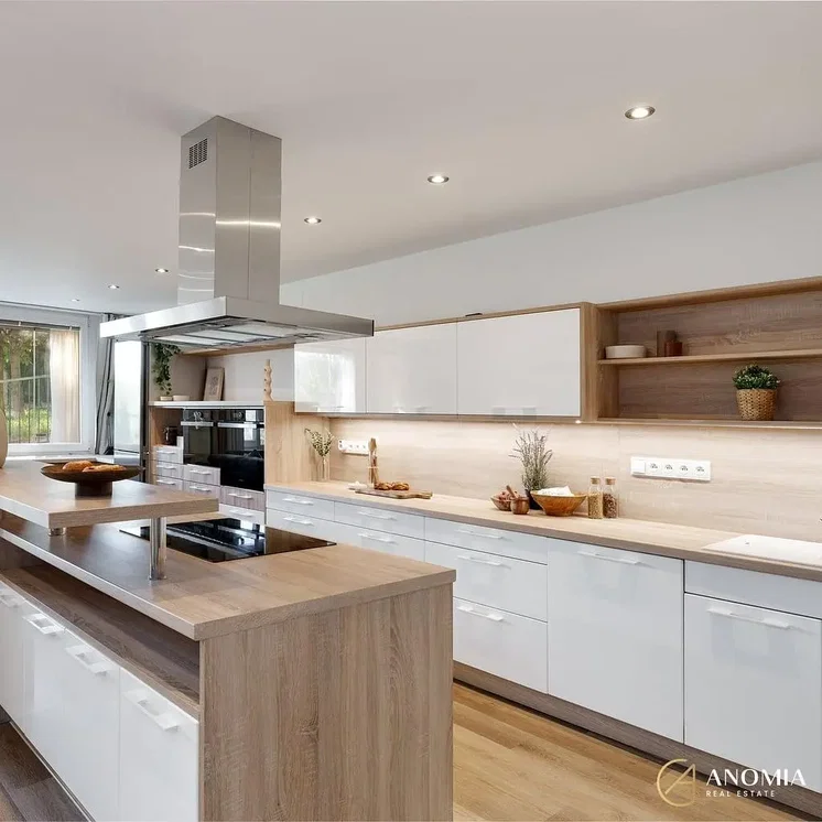 Kitchen; kitchen appliances, wood floor, natural light, modern style, renovated