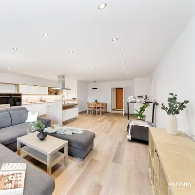 Wohnzimmer; tageslicht, holzboden, moderner stil, küchengeräte