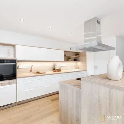 Kitchen; kitchen appliances, wood floor, natural light, modern style, renovated