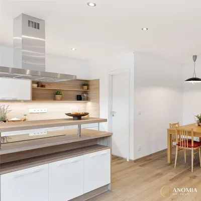 Kitchen; kitchen appliances, wood floor, natural light, modern style, renovated