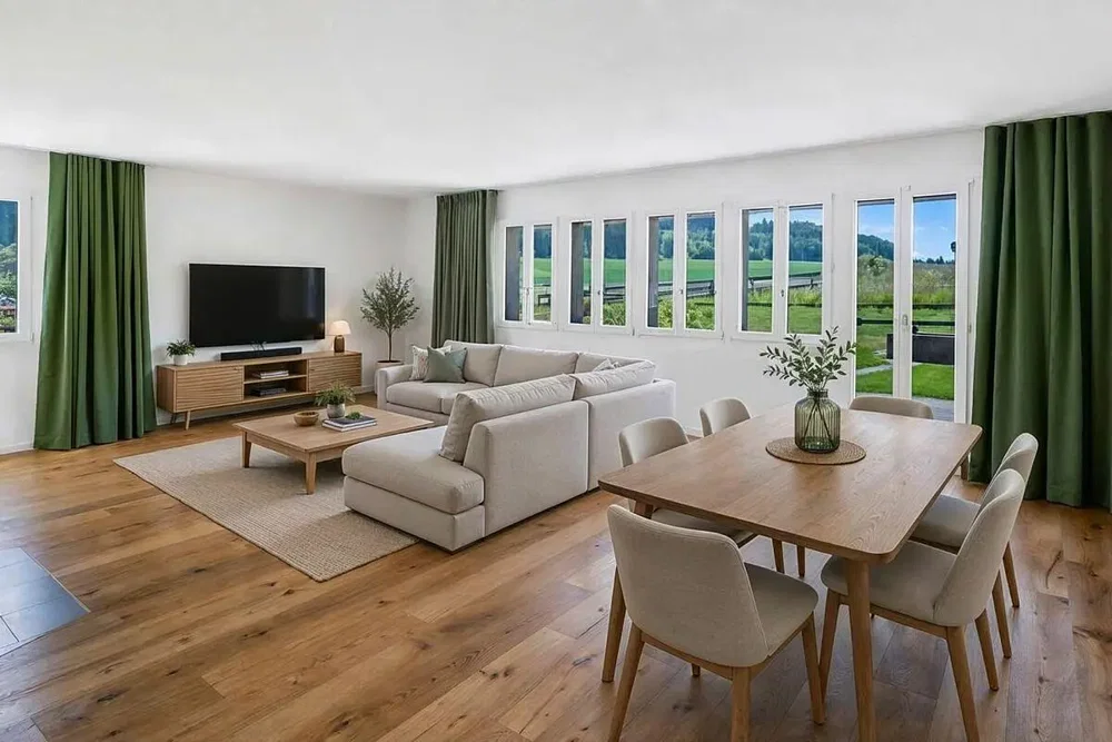 Wohnzimmer; holzboden, tageslicht, moderner stil