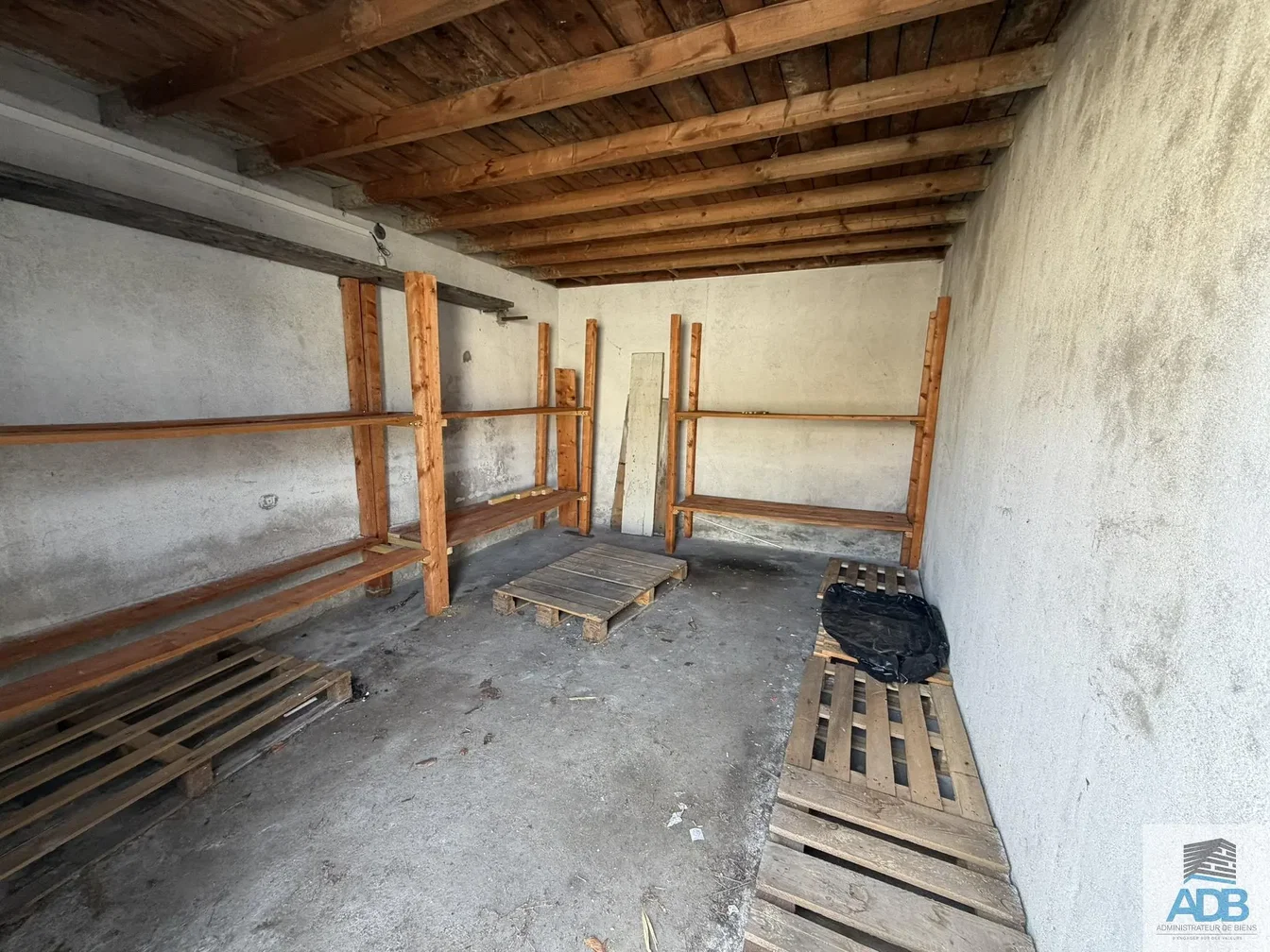 Kelder; houten balken, houten vloer, renovatie nodig, natuurlijk licht
