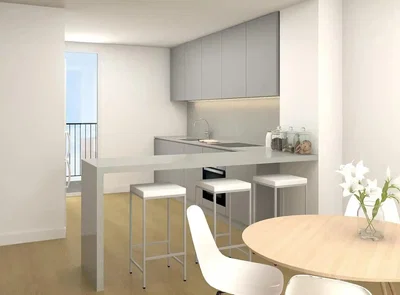 Cocina; electrodomésticos, luz natural, estilo moderno, suelo de madera