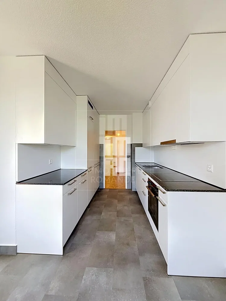 Cuisine; électroménager, carrelage, rénové, lumière naturelle
