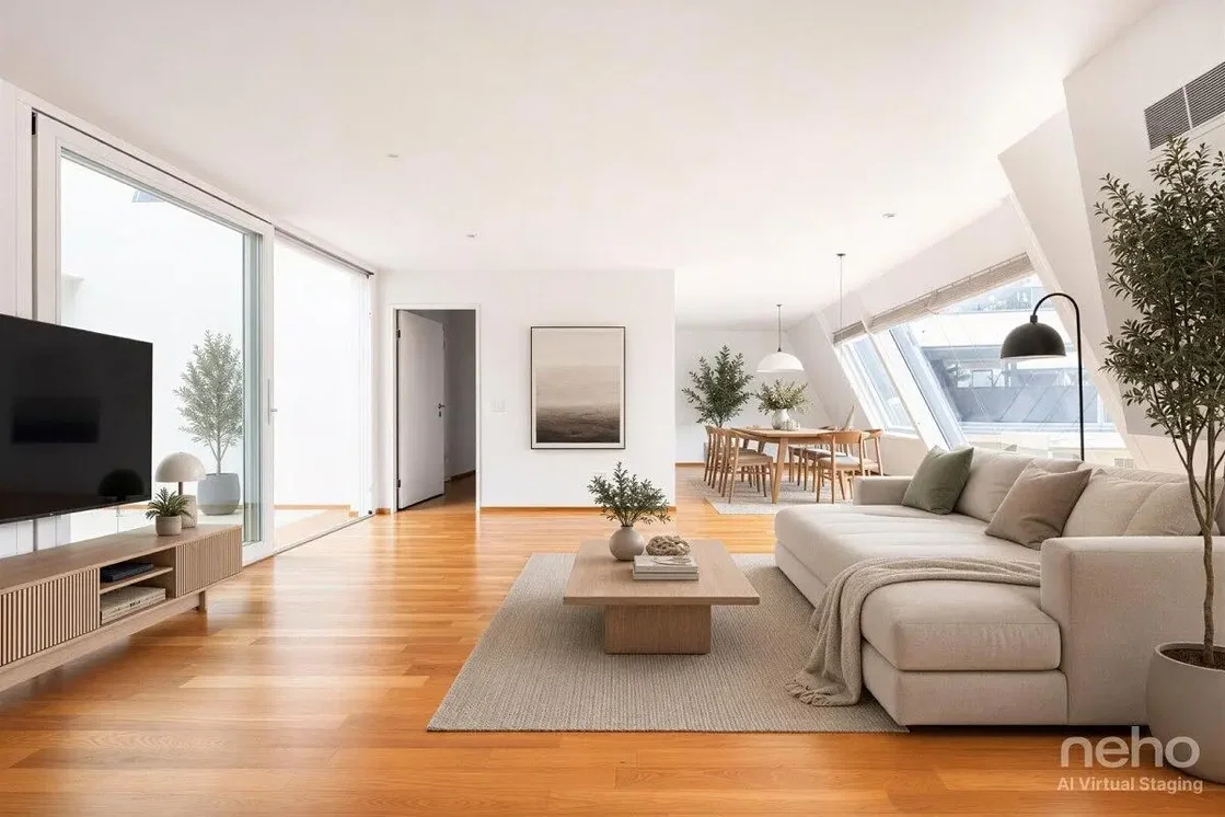 Living room; wood floor, natural light, modern style