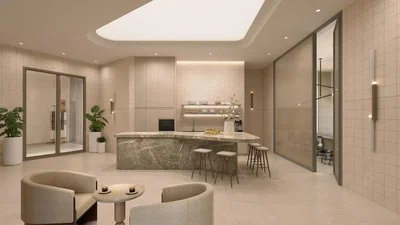 Cuisine; électroménager, lumière naturelle, style moderne, carrelage
