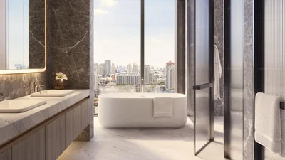 Salle de bain; vue, lumière naturelle, style moderne