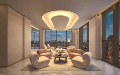 Salon; vue, lumière naturelle, style moderne, hauteur sous plafond