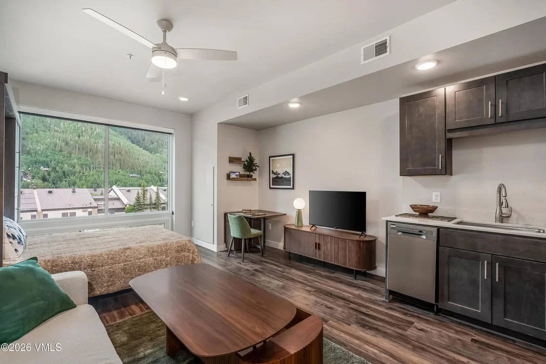 Living room; view, kitchen appliances, natural light, modern style