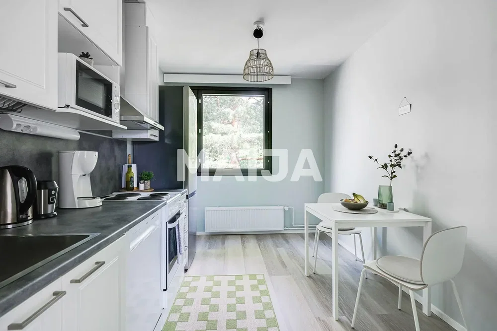 Keuken; keukenapparatuur, natuurlijk licht, moderne stijl, houten vloer
