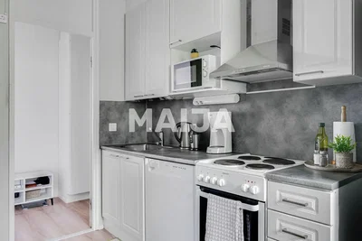 Keuken; keukenapparatuur, houten vloer, natuurlijk licht