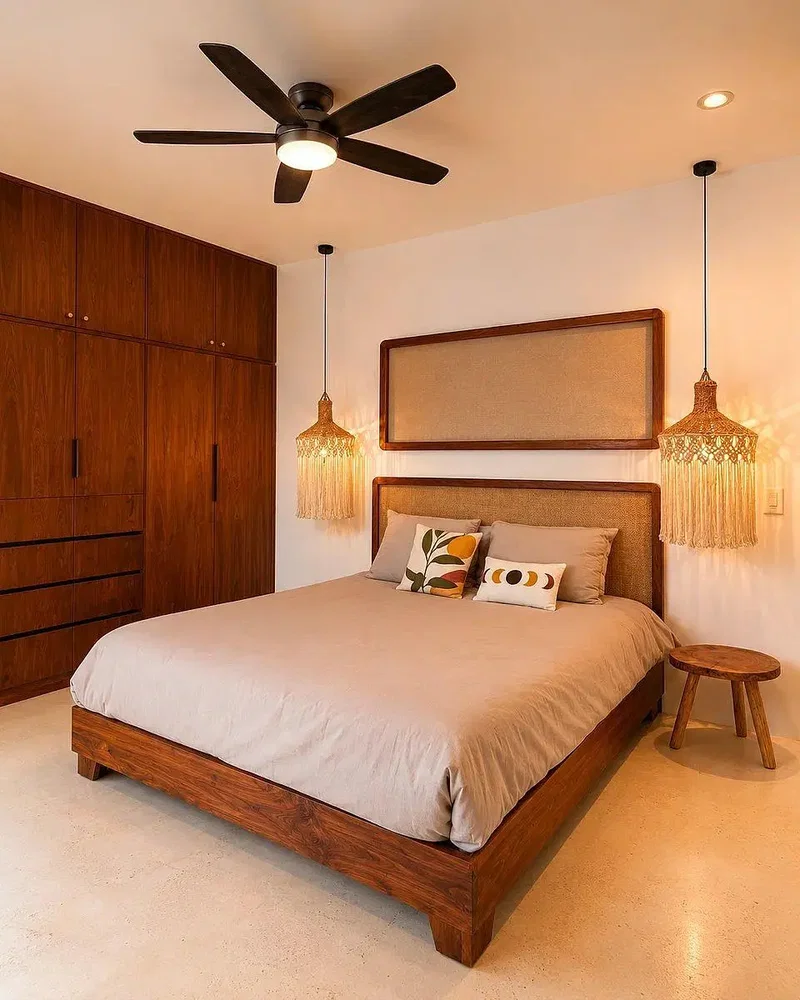 Camera da letto; luce naturale, stile moderno, pavimento in legno
