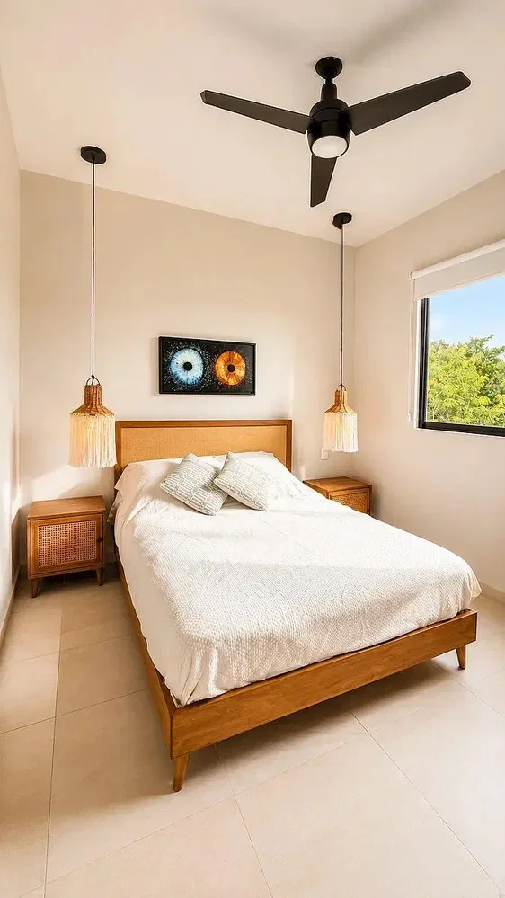Chambre; lumière naturelle, carrelage, vue