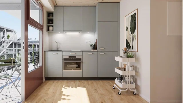 Küche; küchengeräte, holzboden, tageslicht, moderner stil
