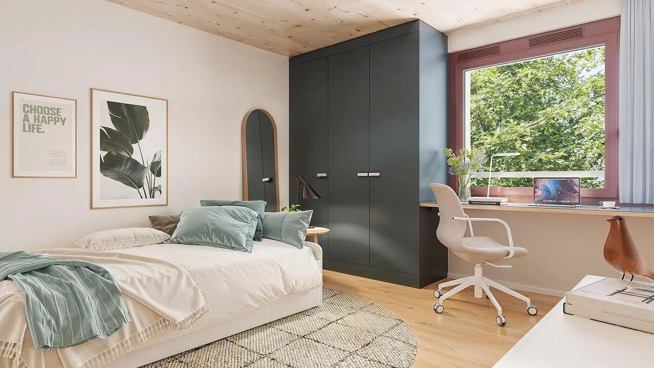 Schlafzimmer; tageslicht, holzboden, moderner stil