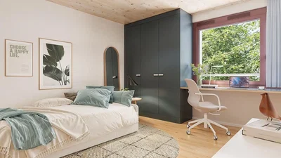 Schlafzimmer; tageslicht, holzboden, moderner stil