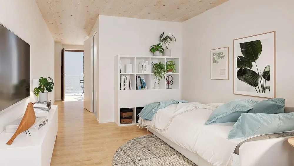 Schlafzimmer; holzboden, tageslicht, moderner stil