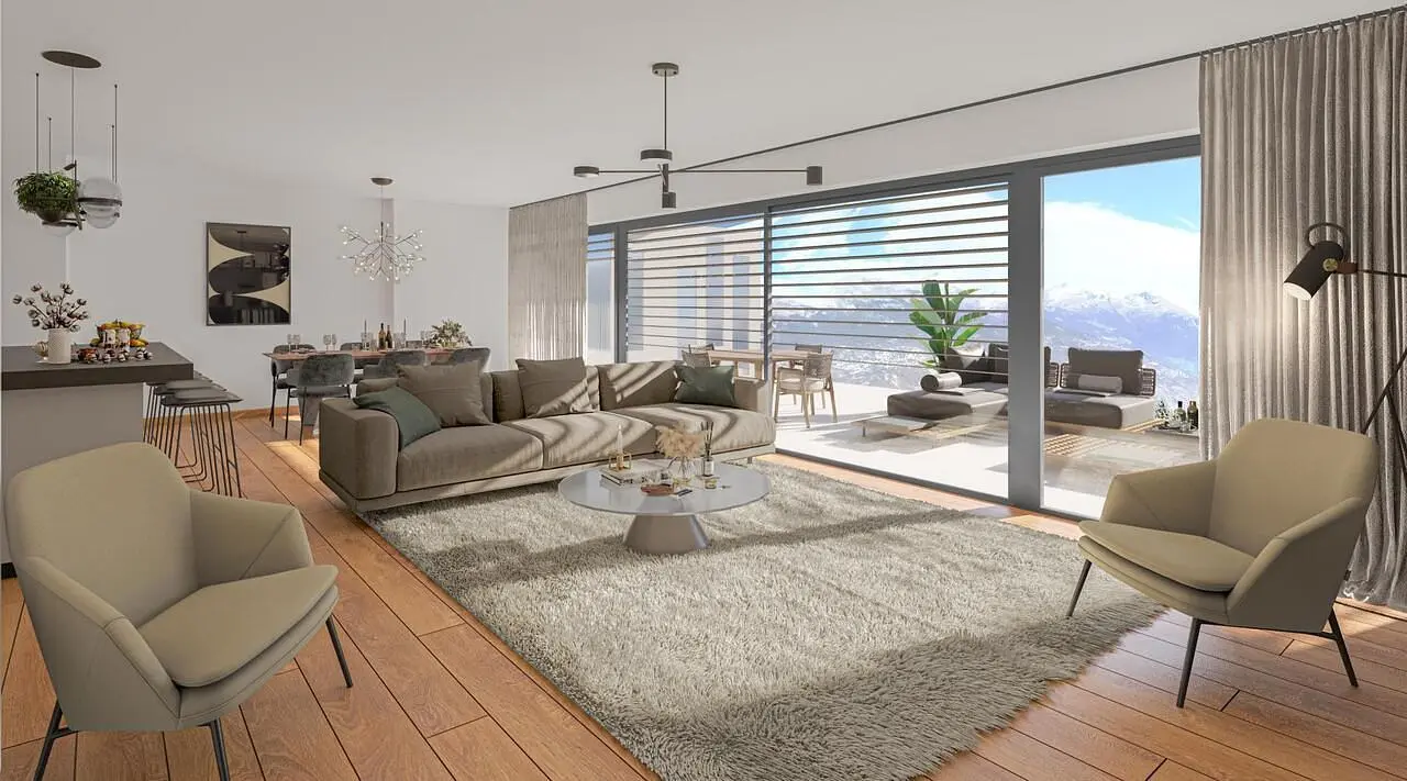Living room; view, wood floor, natural light, modern style