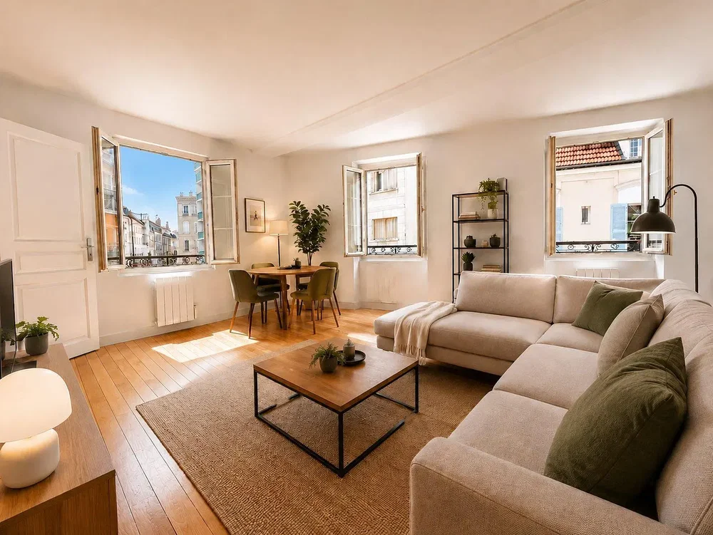 Salon; parquet, lumière naturelle, style moderne, vue